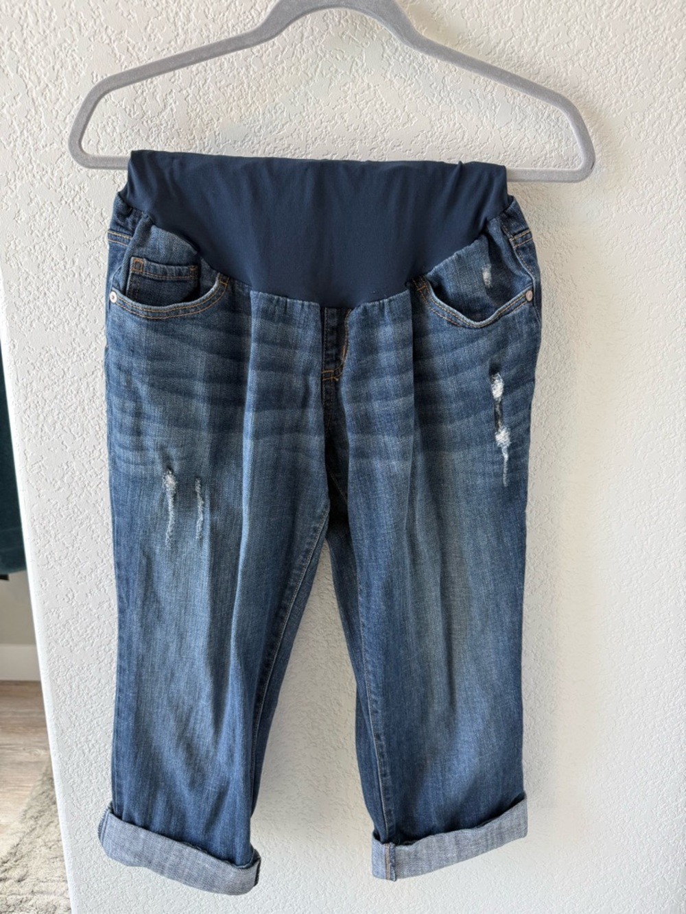 Indigo Blue Navy-Panel Boyfriend Maternity Jeans - Faded Blue Denim